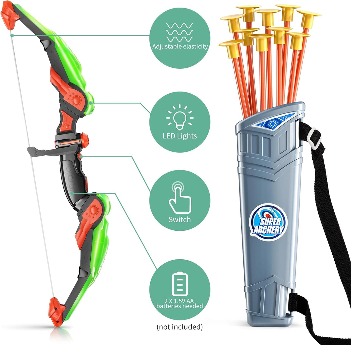 TEMI Bow and Arrow Set for Kids - Archery Toy Set - LED Light Up with Suction Cup Arrows, Target &
