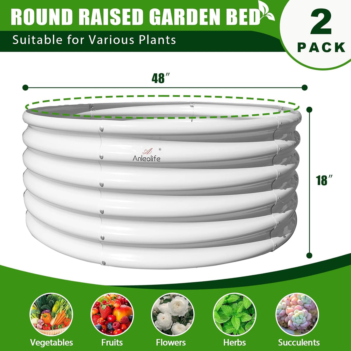 A ANLEOLIFE 2-Pack 4ft x 18” Tall Galvanized Raised Garden Beds Outdoor, Round Metal Planter Box