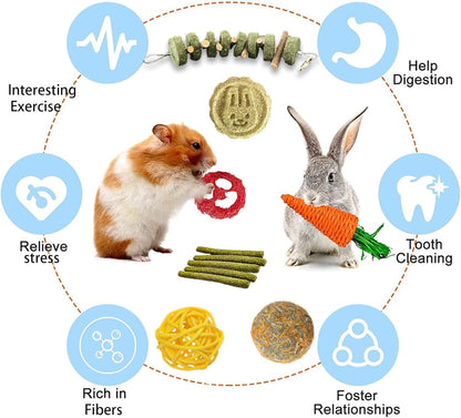 Grddaef 20 PCS Bunny Chew Toys for Teeth, Natural Rabbit Toys Apple Wood Grass Timothy Sticks Chew