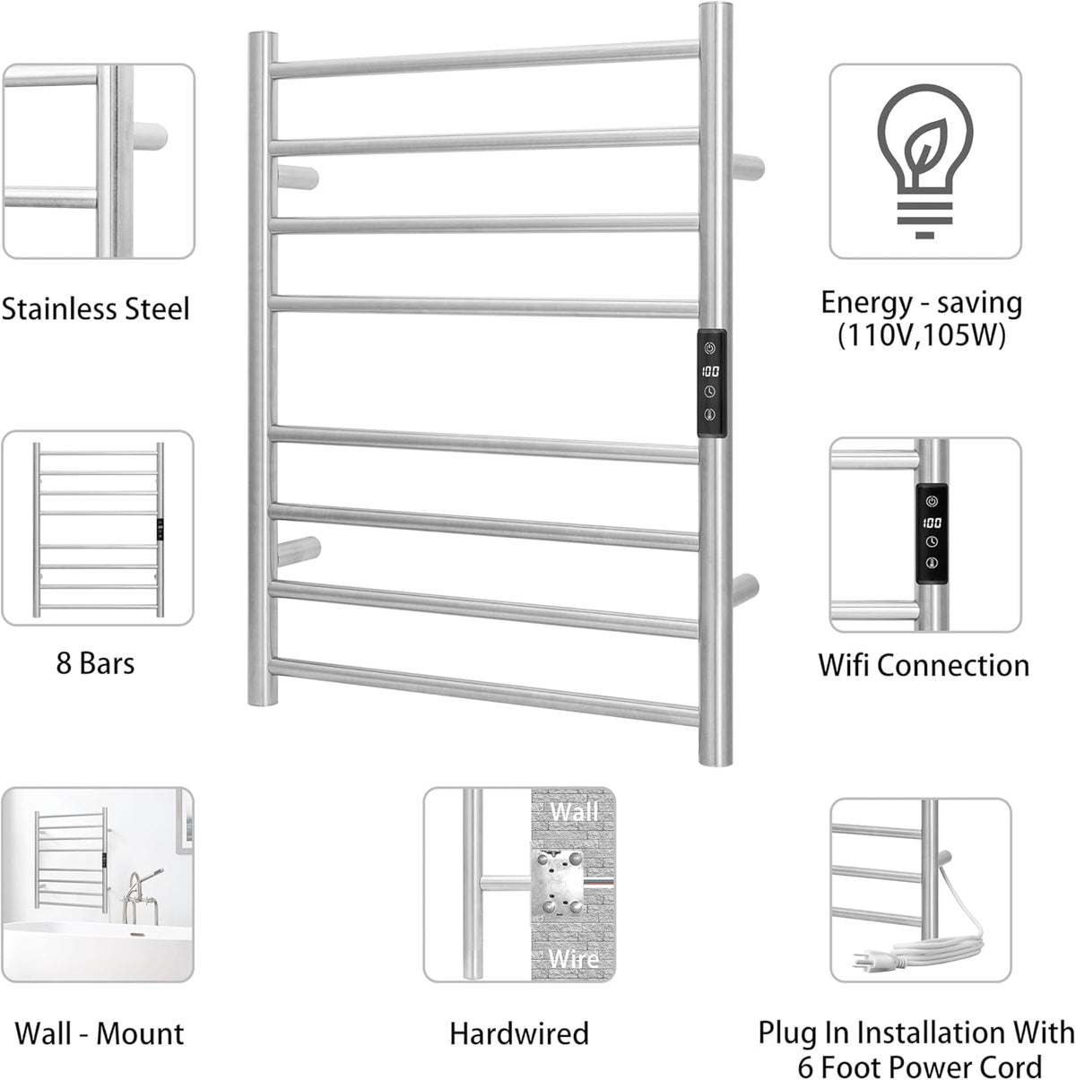 KEG Smart WiFi Towel Warmer Wall Mounted with Built-in Timer and Temperature Adjust Control, 8 Bars