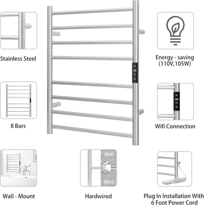 KEG Smart WiFi Towel Warmer Wall Mounted with Built-in Timer and Temperature Adjust Control, 8 Bars