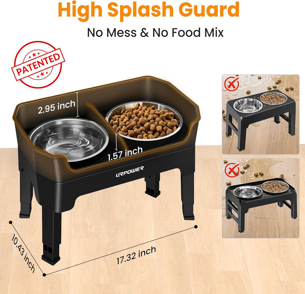 URPOWER 3-in-1 Elevated Dog Bowls - Mess Proof Double Deck 4 Height Adjustable Raised Stand with 2