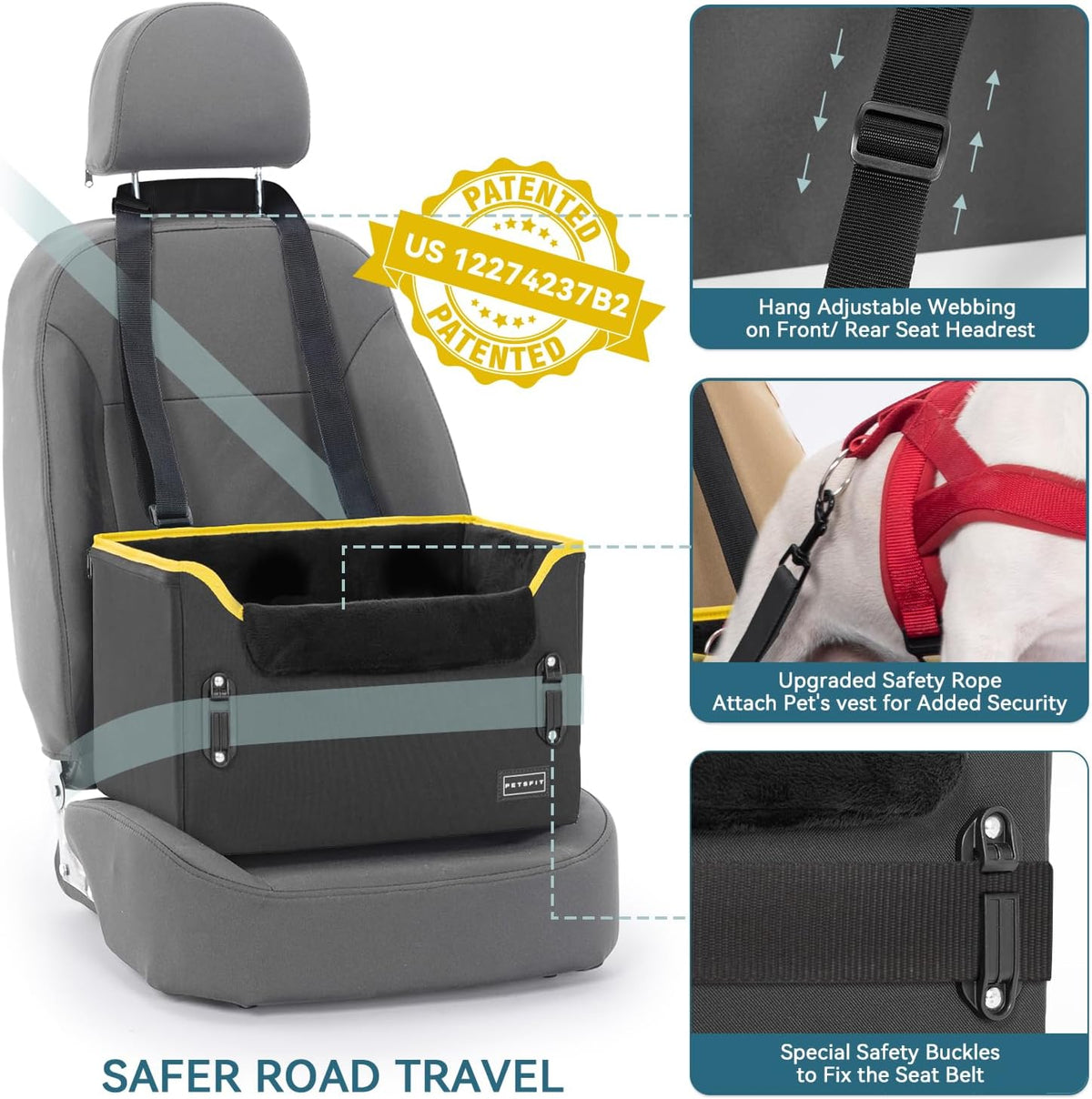 PETSFIT Small Dog Car Seat, Patent Safety Buckles Car Seat for Dogs, Puppy Car Seat with Safety