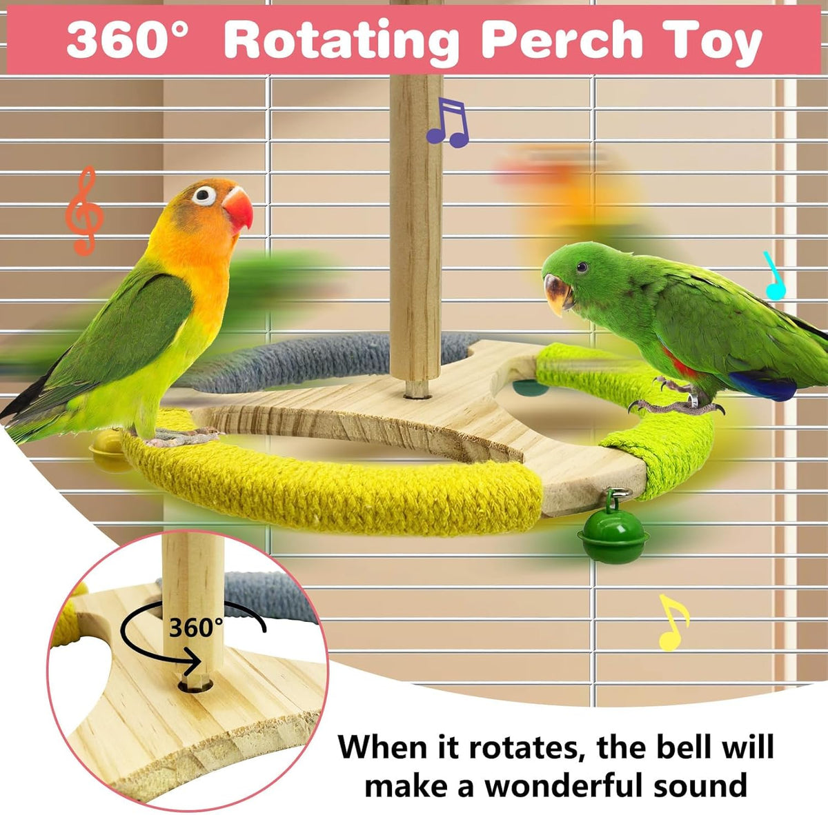 PINVNBY Hanging Bird Stand Perch Toy Wooden Spinning Parrot Perch with Cotton Rope and Bell