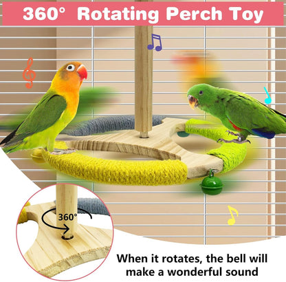 PINVNBY Hanging Bird Stand Perch Toy Wooden Spinning Parrot Perch with Cotton Rope and Bell