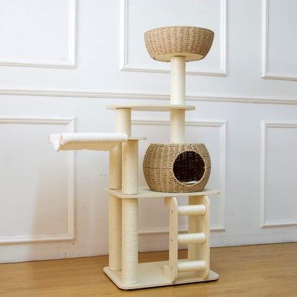 54 Inch Cat Tree for Indoor Cats, Tall Wooden Cat Tower with Scratching Posts, Rattan Condo and