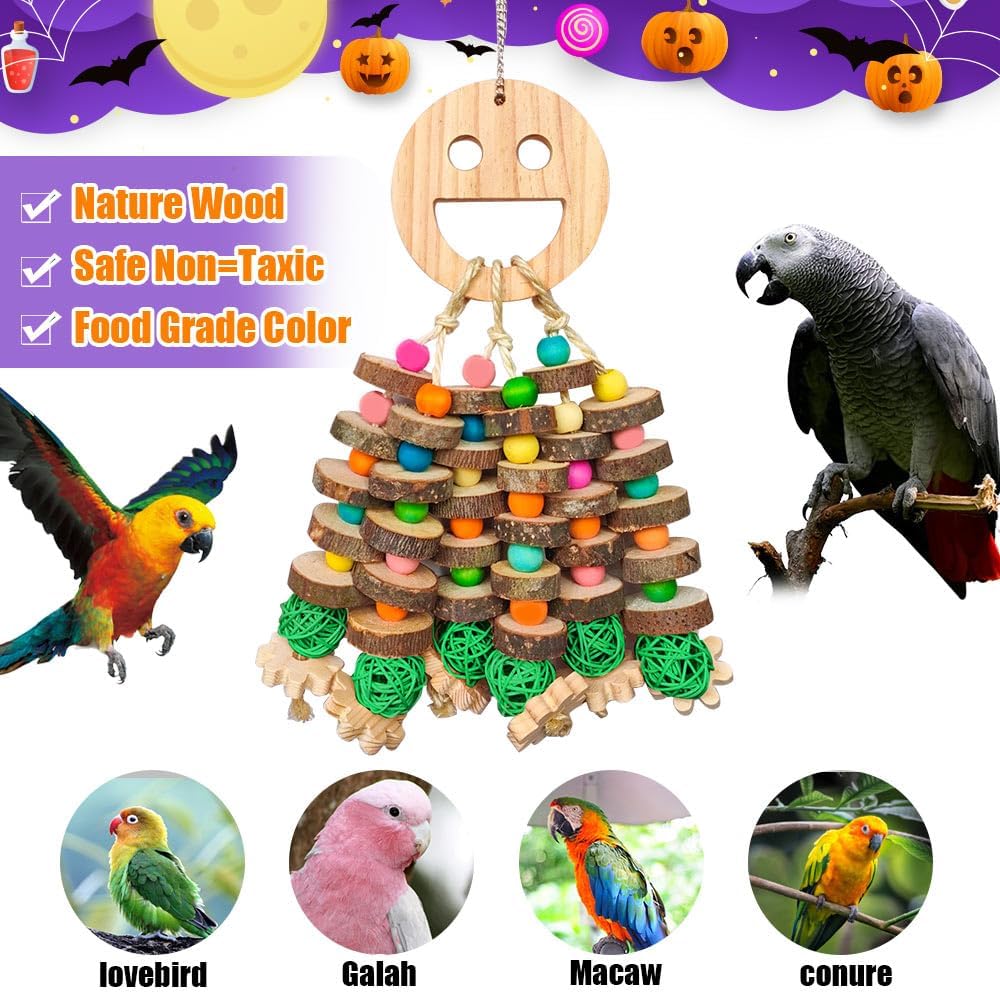 Large Parrot Toys, Multi-Color Wooden Block with Halloween Shape Bird Chewing Toy for Macaws