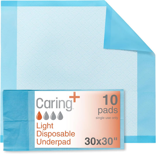 Caring Disposable Underpads 30 x 30 in, Light Absorbency Bed Pads, Chucks Pads, Puppy Pads, Baby