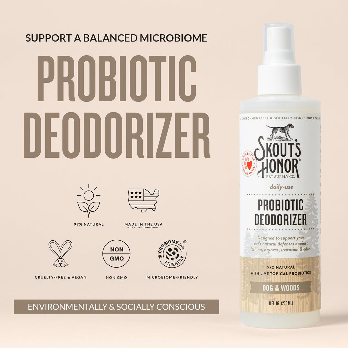 SKOUT'S HONOR Probiotic Pet Deodorizer Spray- Hydrating Daily-Use with Avocado Oil & Omega-3s