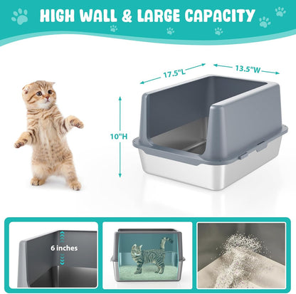 Litter Box with Lid, Stainless Steel Litter Box, 10" Metal Litter Tray High Sides, Small Litter Pan