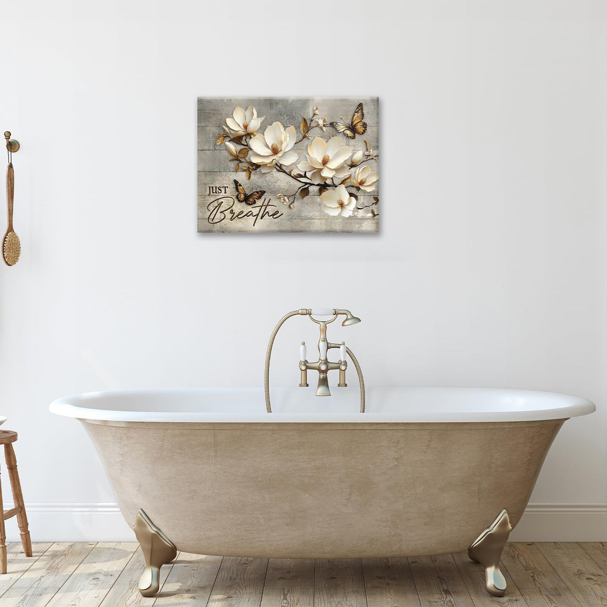 Floral Magnolia Bathroom Pictures Wall Art, Just Breathe Bathroom Wall Decor, Flower Butterfly