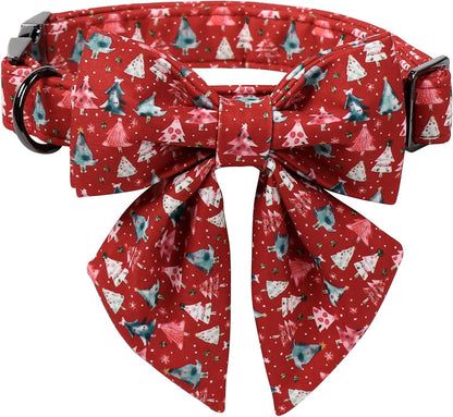 Lionet Paws Christmas Dog Collar with Sailor Bow, Cute Christmas Tree Red Dog Collar Bow Tie for