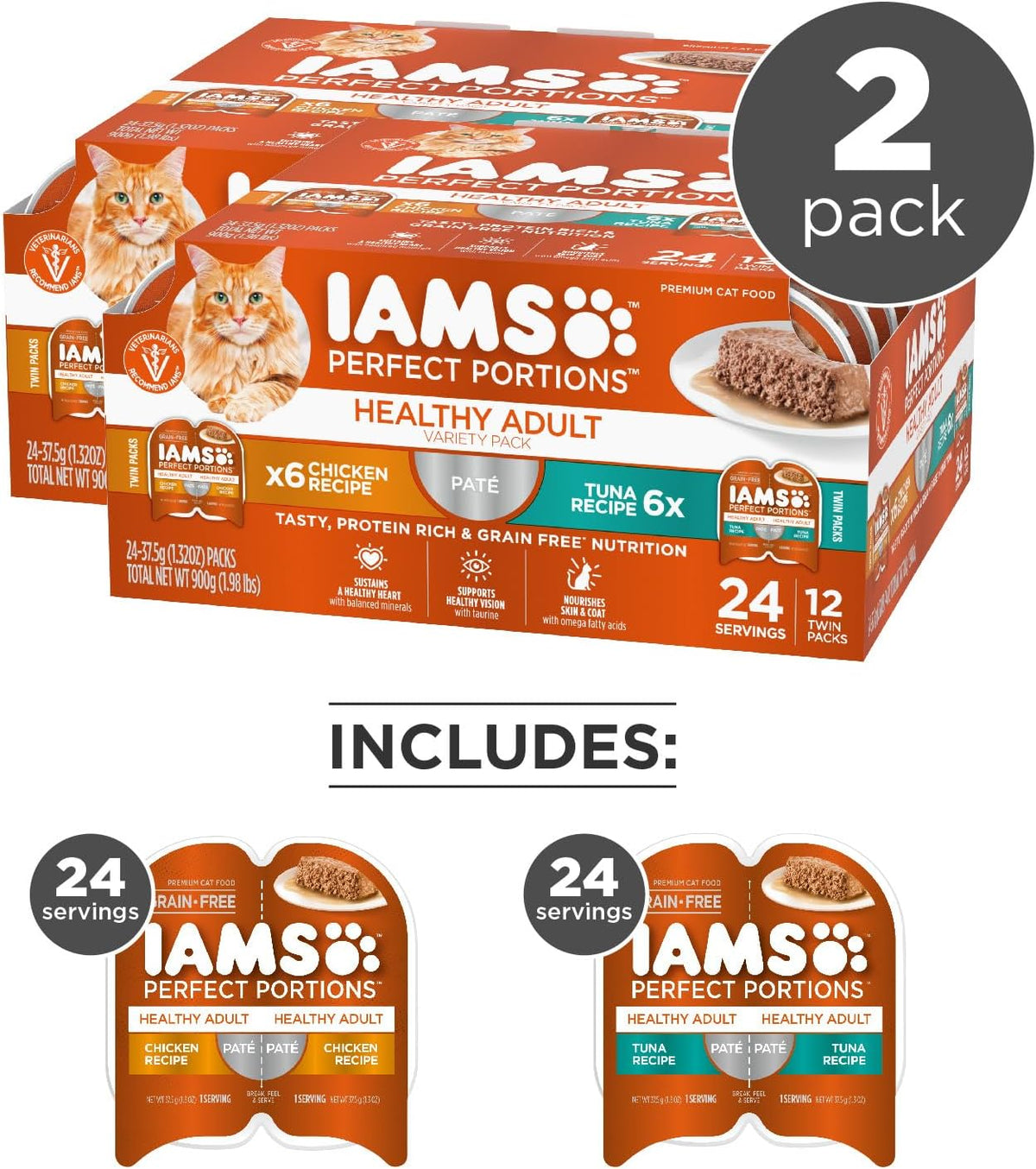 IAMS Perfect Portions Healthy Adult Wet Cat Food Pate, Chicken and Tuna Recipe Variety Pack, Easy