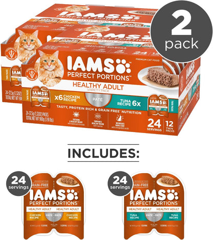 IAMS Perfect Portions Healthy Adult Wet Cat Food Pate, Chicken and Tuna Recipe Variety Pack, Easy