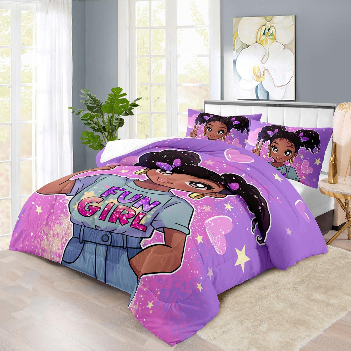 African American Black Girl Comforter Set King Size,Cute Black Girl Bedding Set King for