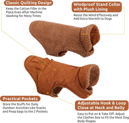 Queenmore Warm Puffer Dog Coat, Quilting Winter Jacket Ultra Thick Plush Lining with Storage