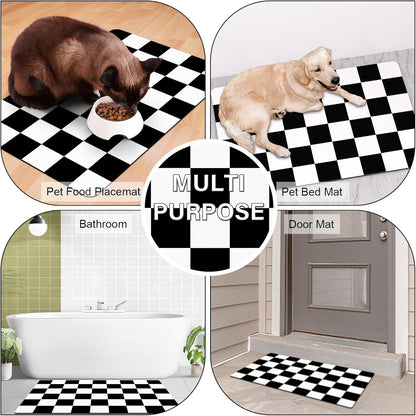 Cat Food Mat - 12"x 20" Cat Dog Mats for Food and Water Bowl, Checkered Pet Placemat Feeding Mat