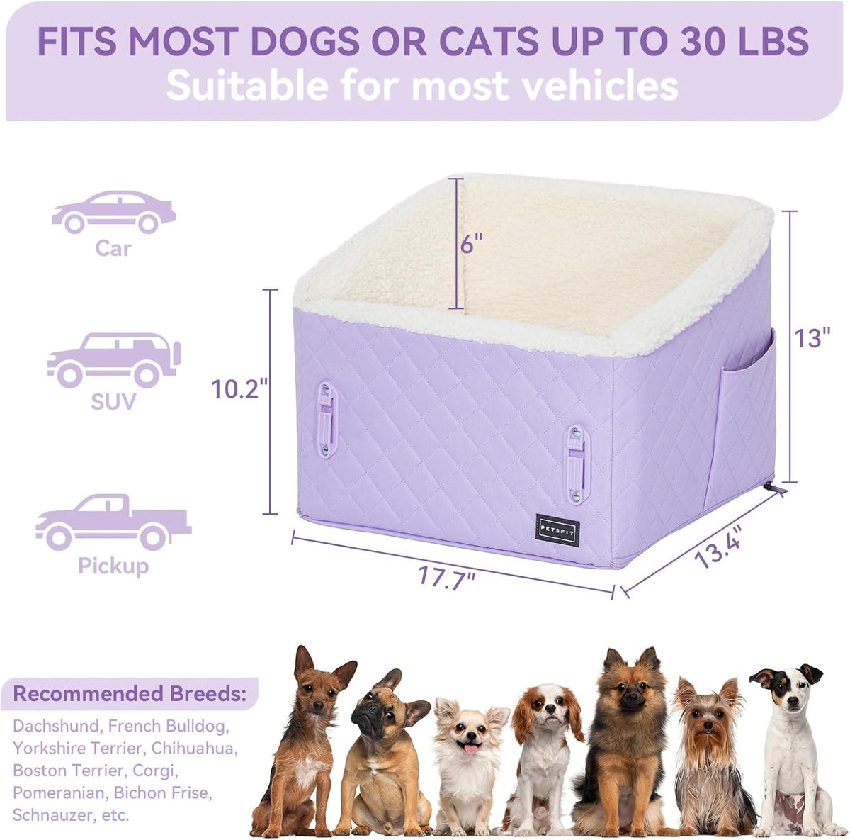 PETSFIT Dog Booster Car Seat, Soft Foam Cat Car Seat with Patented Safety Buckles, Storage Pockets