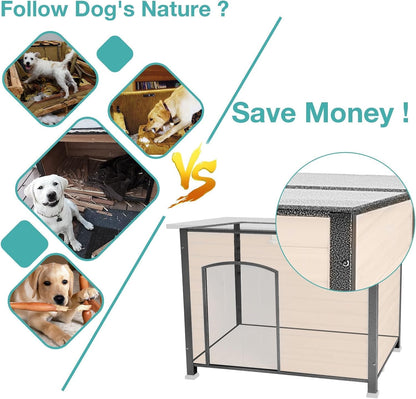 Feral Dog House Outdoor,Anti Bite Iron Frame Dog Kennel,Wood Warm Pets Home,Insulated Weatherproof