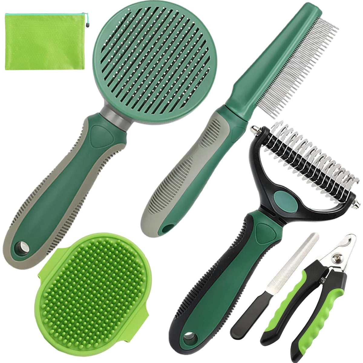 Pet Grooming Kit - 7 PCS Green Deshedding Brush Set with Undercoat Rake, Slicker Brush, Bath Brush