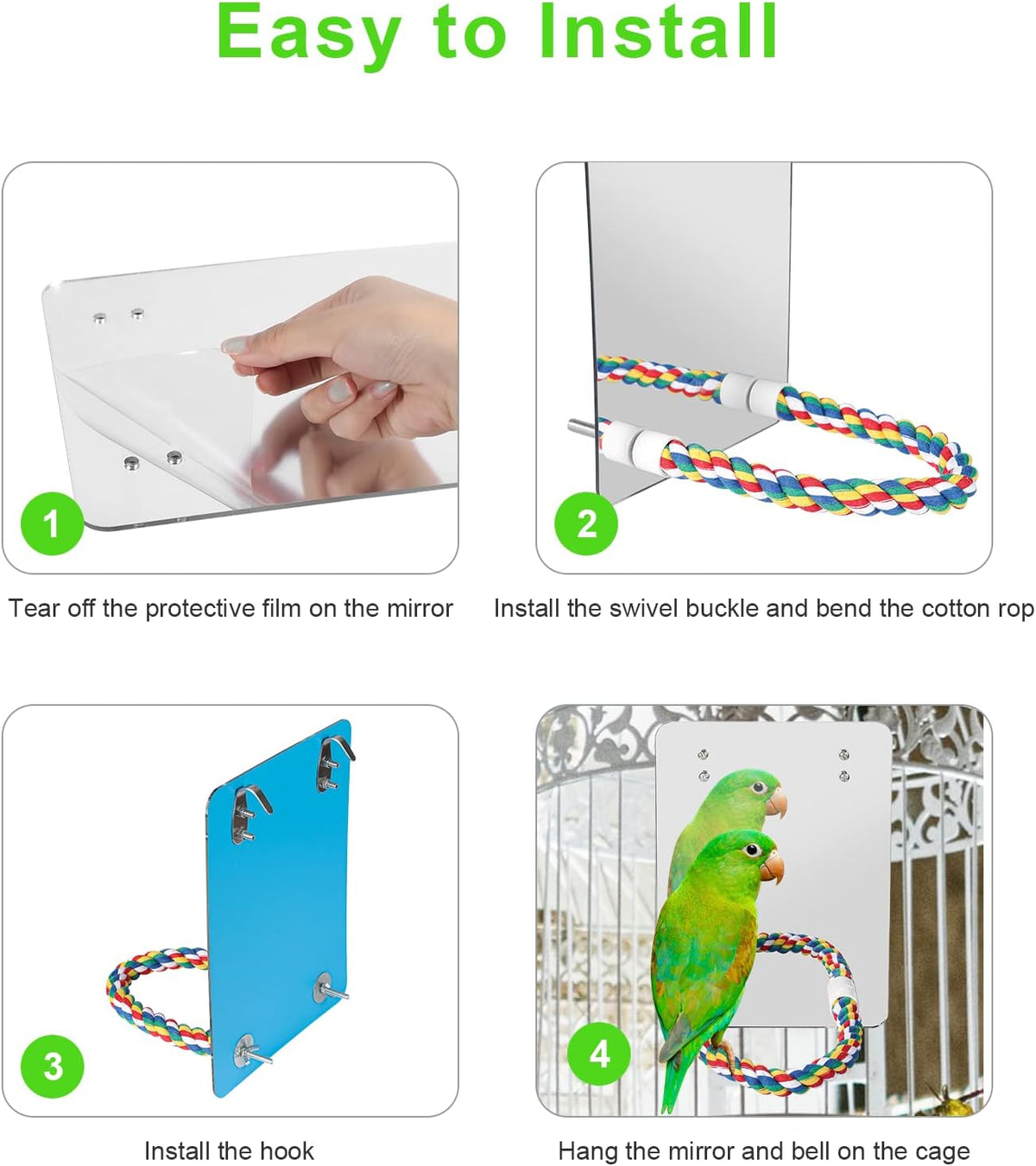10.6" Bird Mirror with Rope Perch Bird Toys Swing, Comfy Perch for Greys Amazons Parakeet Cockatiel