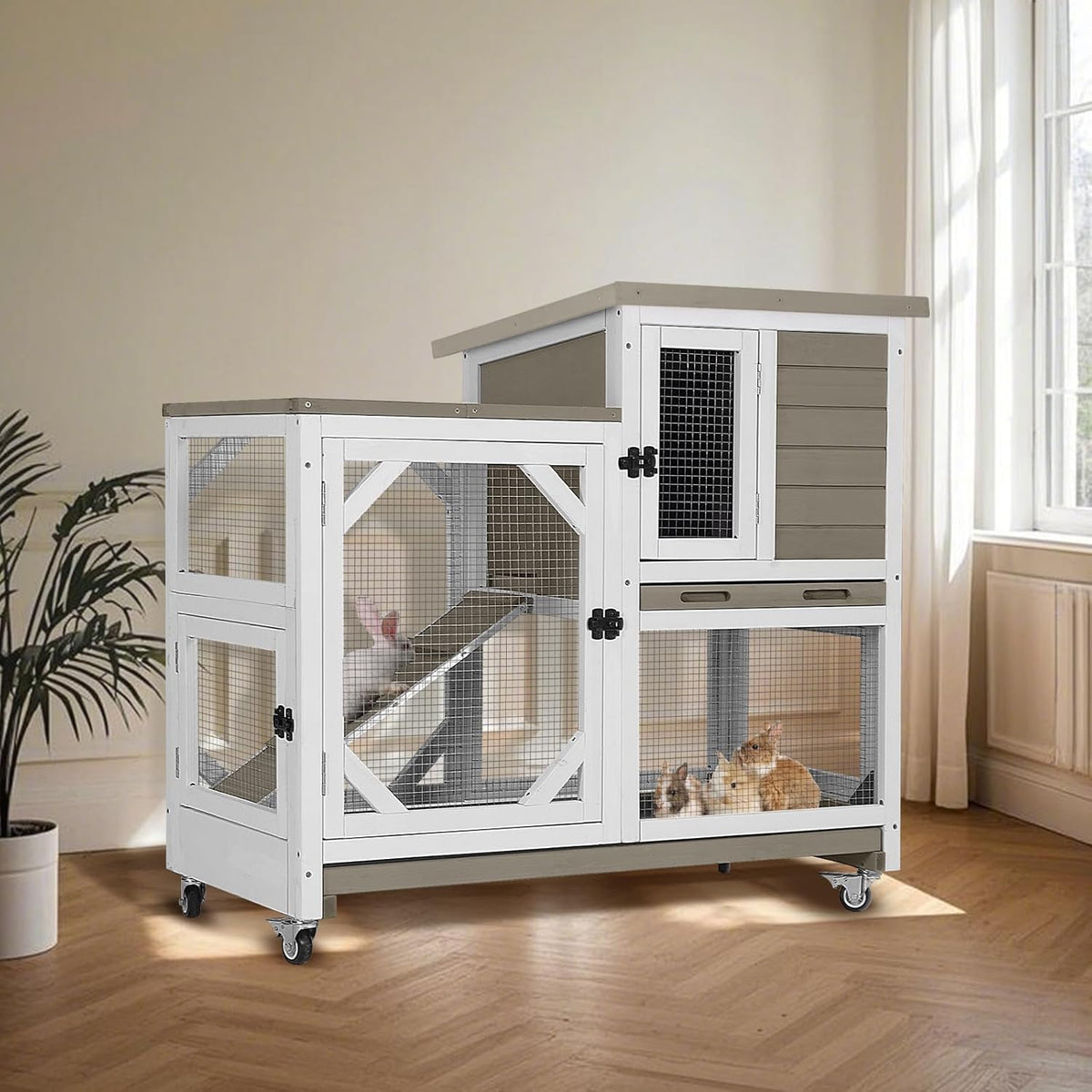 Rabbit Hutch Indoor for 2-4 Rabbits & Guinea Pigs，Bunny Cage with Slide-Out Plastic Trays，Wooden
