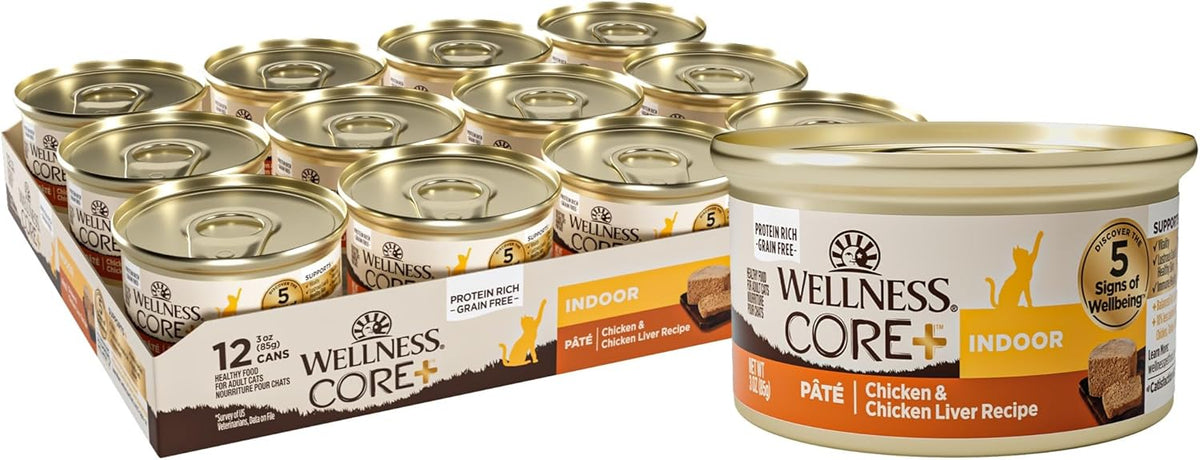 Wellness CORE+ Indoor Pate Adult Wet Cat Food, Natural, Protein-Rich, Grain Free, 3 Ounce, 12 Pack
