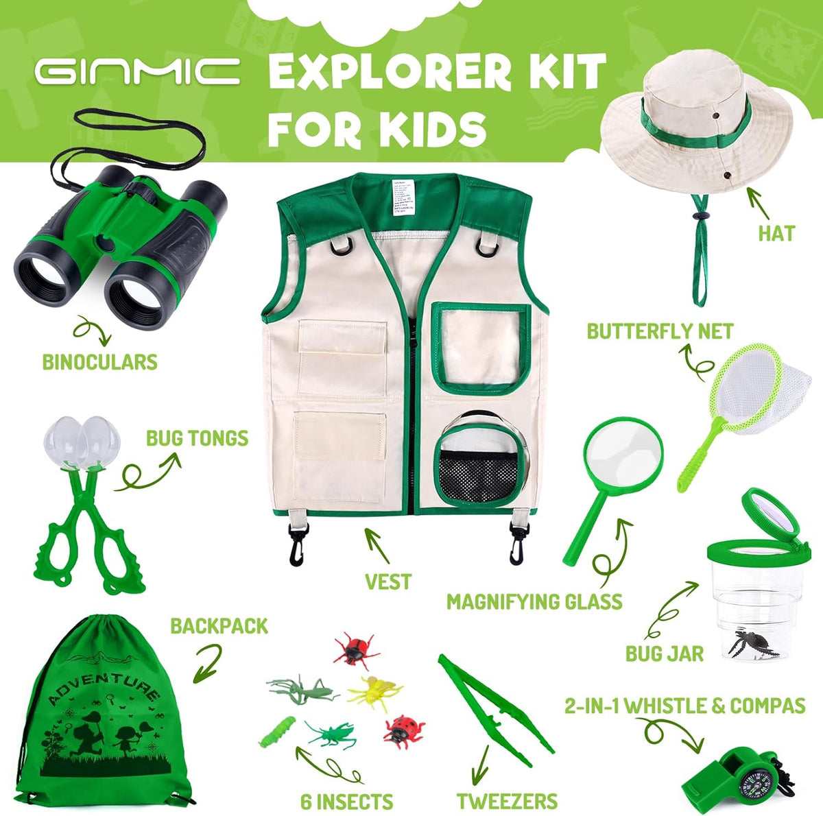 GINMIC Kids Explorer Kit & Bug Catching Kit, 16 Pcs Outdoor Exploration Safari Kit for Kids Camping