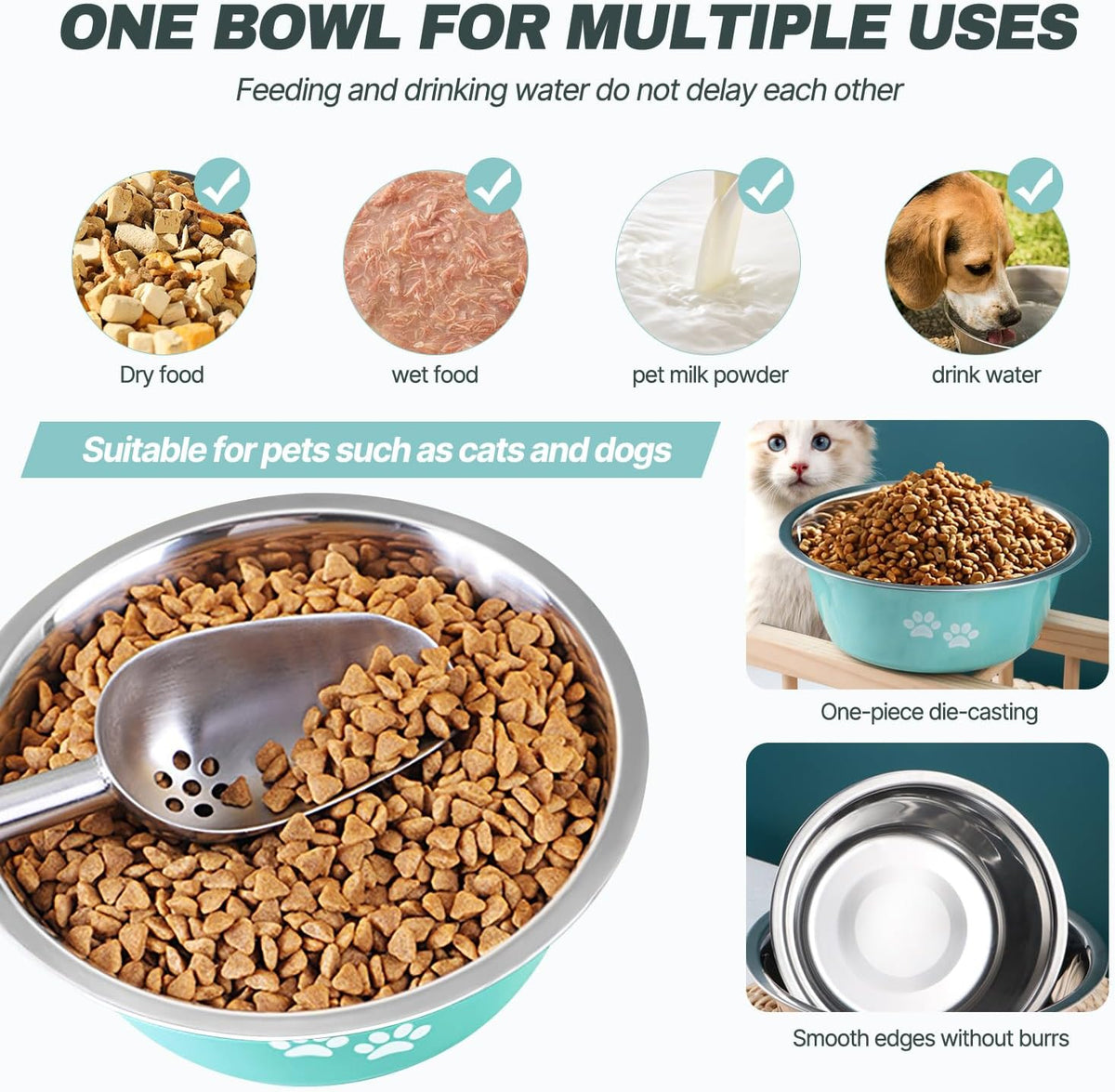 Stainless Steel Dog Bowls, Nonslip Rubber Bottom No Spill Proof Skid Metal Insulated Dog Bowls for