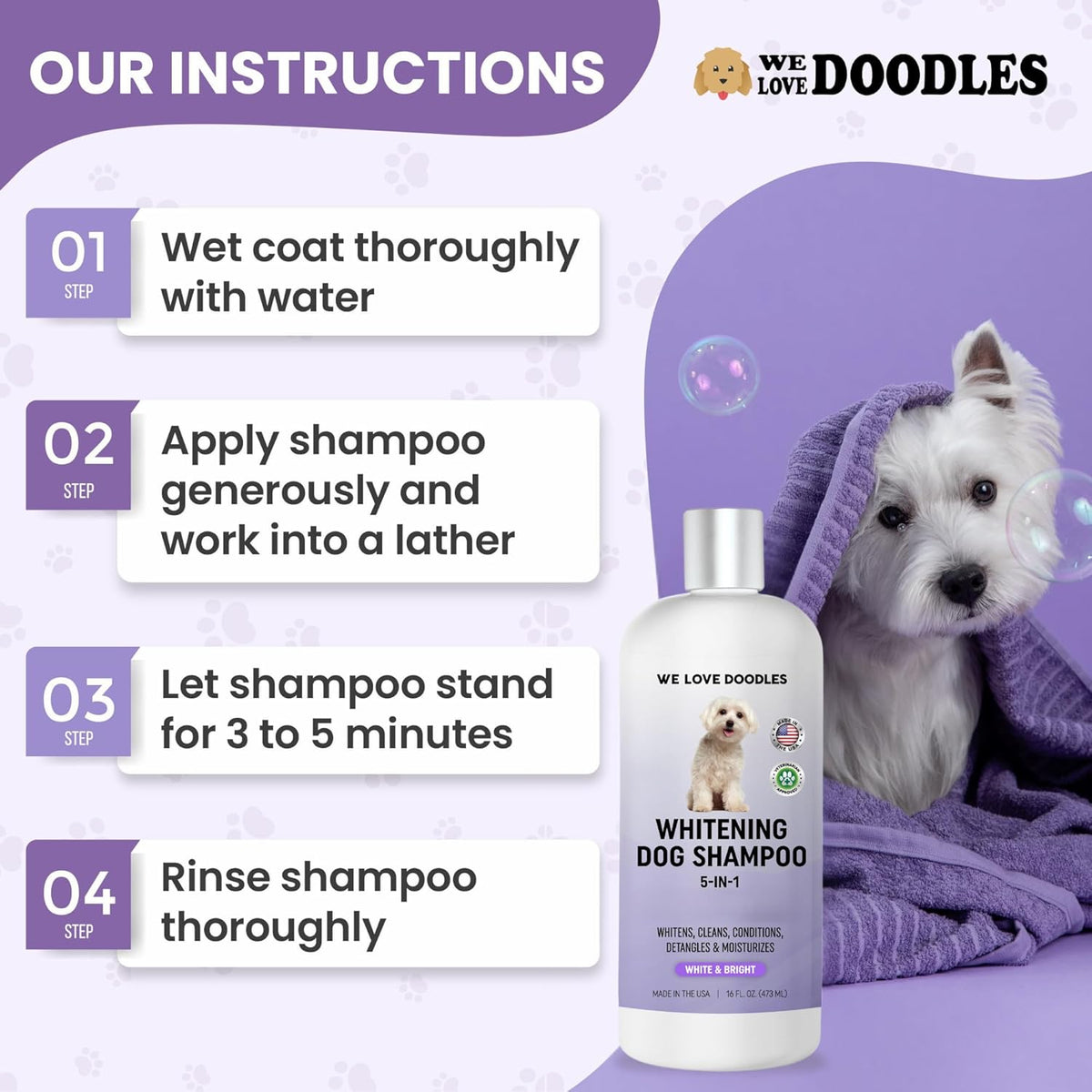 Whitening Dog Shampoo | Made in USA | Brightening Dogs Fur | White & Bright Hair | Removes Stains &
