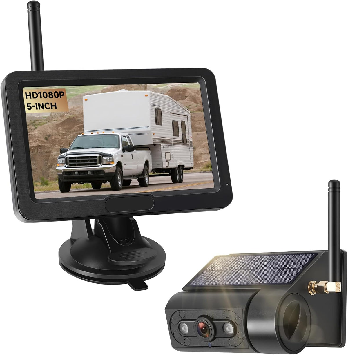 Magnetic Solar Wireless Backup Camera with 5??HD Monitor No Wiring Rechargeable Battery IP68 IR