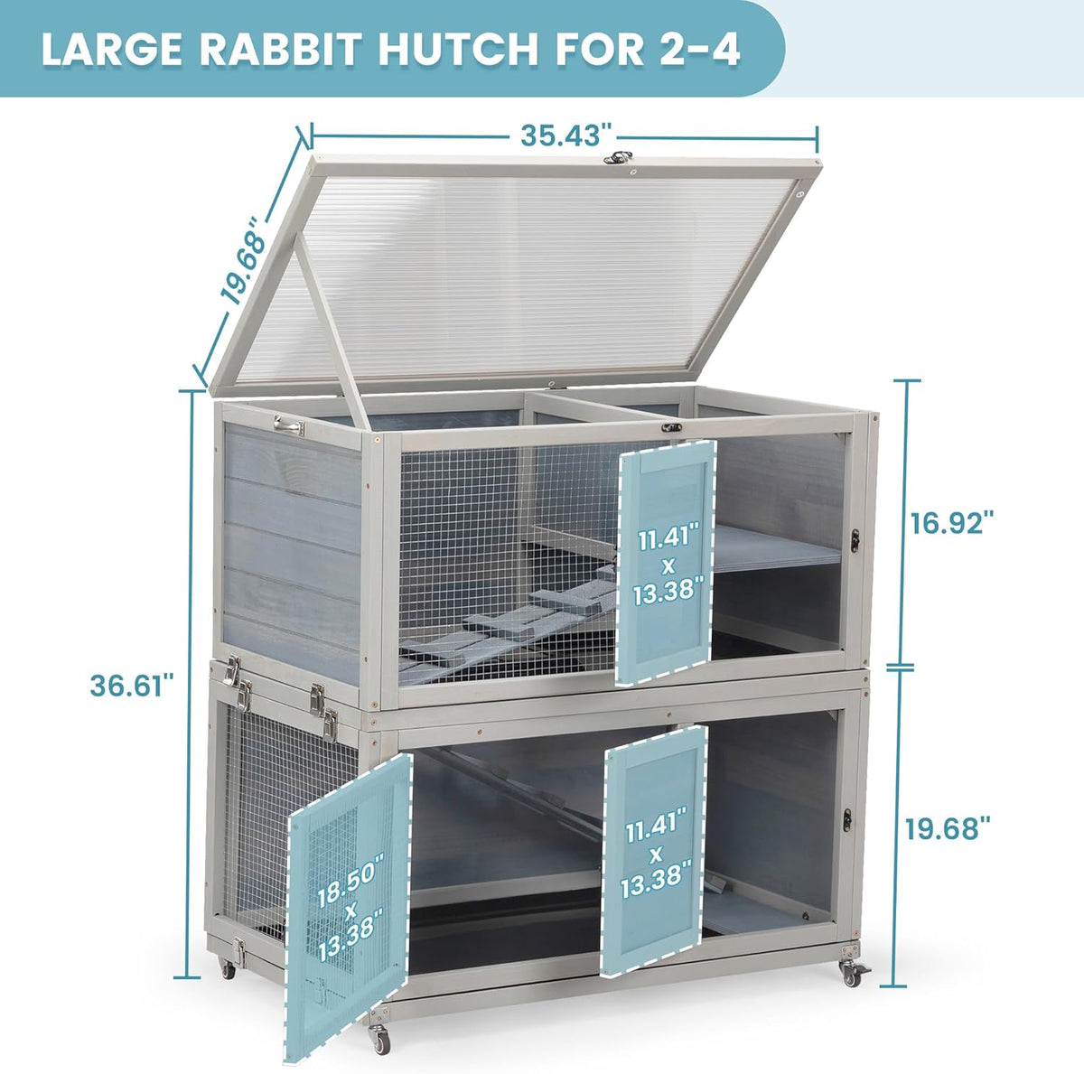 2-Story Wooden Rabbit Hutch for Outdoor & Indoor, Bunny Cage Rabbit House with Wheels, Trays, Ramp