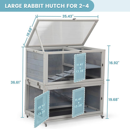 2-Story Wooden Rabbit Hutch for Outdoor & Indoor, Bunny Cage Rabbit House with Wheels, Trays, Ramp