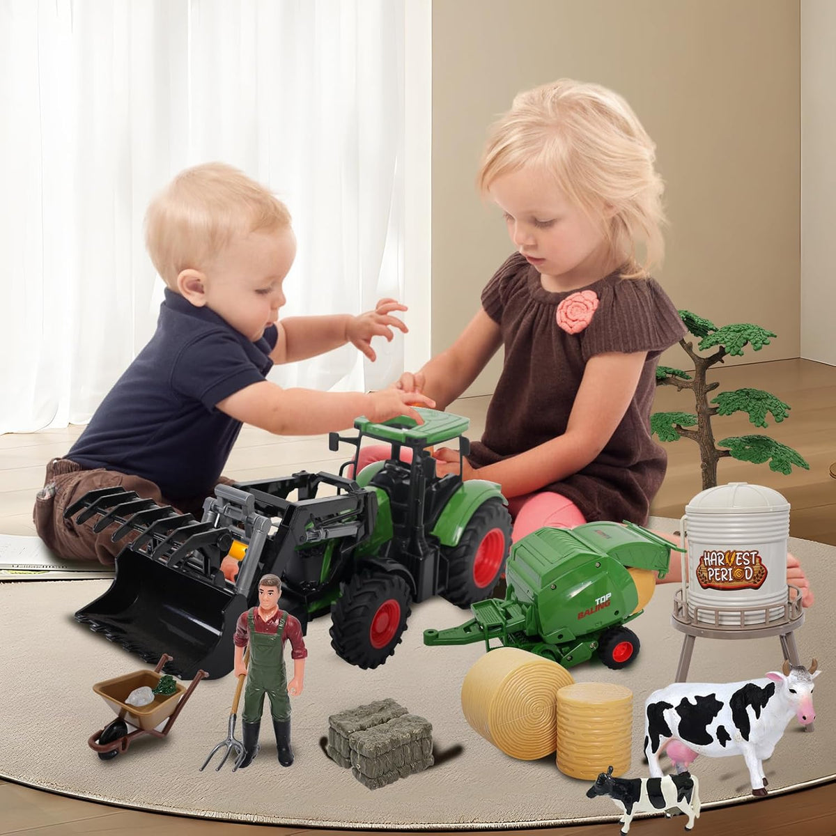 Farm Tractor Toys Set Bale Haying Round Baler with Barn Farmer,Cow,Farm Tools,Tree Farm Tractor Pla