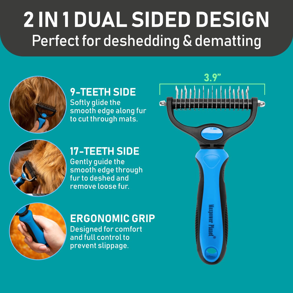 Maxpower Planet Pet Grooming Brush and 2X Grooming Gloves Combo - Double Sided Dematting