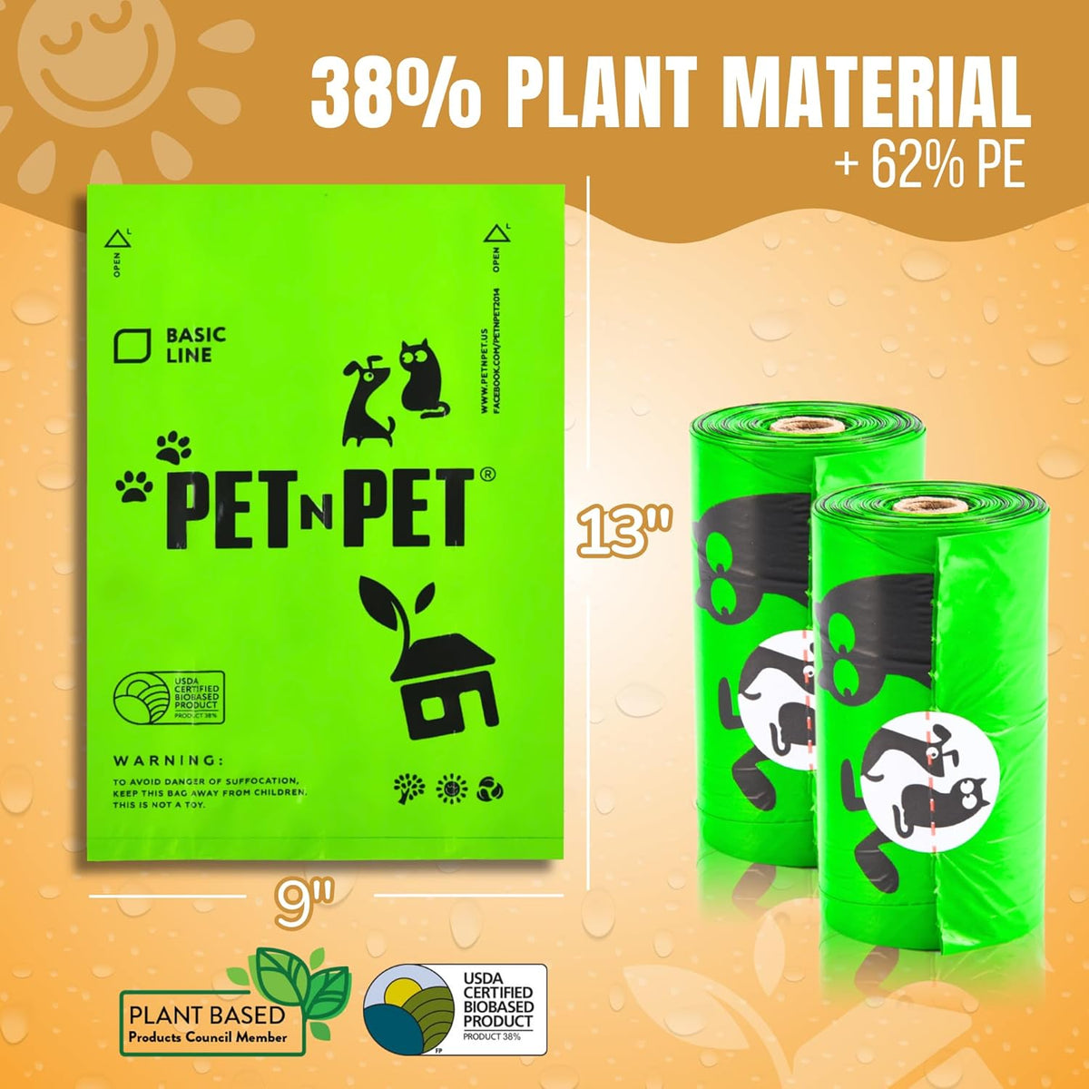 Pet N Pet 270 Counts Green Poop Bags for Dogs, 38% Plant Based & 62% PE Extra Thick Dog Poop Bags