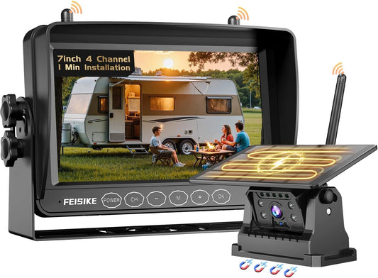Magnetic Solar Wireless Backup Camera for RV Truck Trailer ??7" 1080P Monitor with Recording, 1-Min