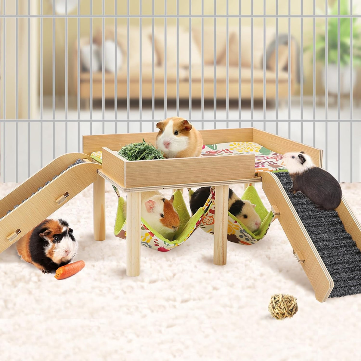 MEWTOGO Guinea Pigs Hammock with Platform, Wooden Guinea Pig Hideout with Stairs, Safe and Durable