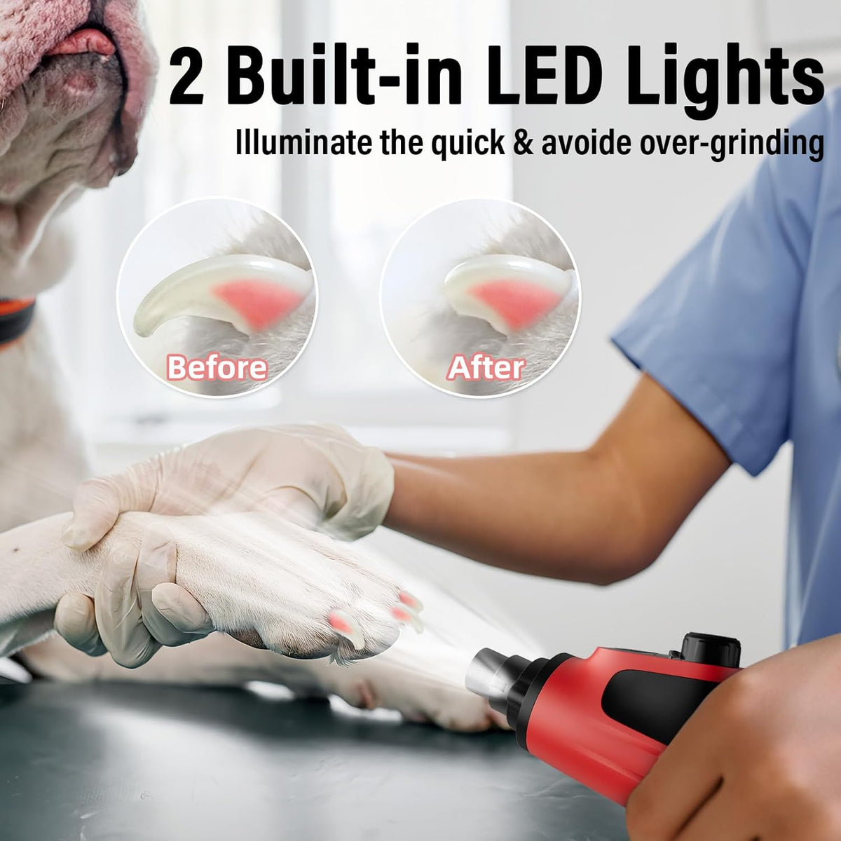 Casfuy Smart 6-Speed Dog Nail Grinder - 50% More Power Pet Nail Grinder with 2 LED Lights Quiet