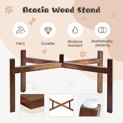 SPUNKYJUNKY Ceramic Elevated Dog Bowl Set with Acacia Wood Stand for Food and Water for Large Dogs