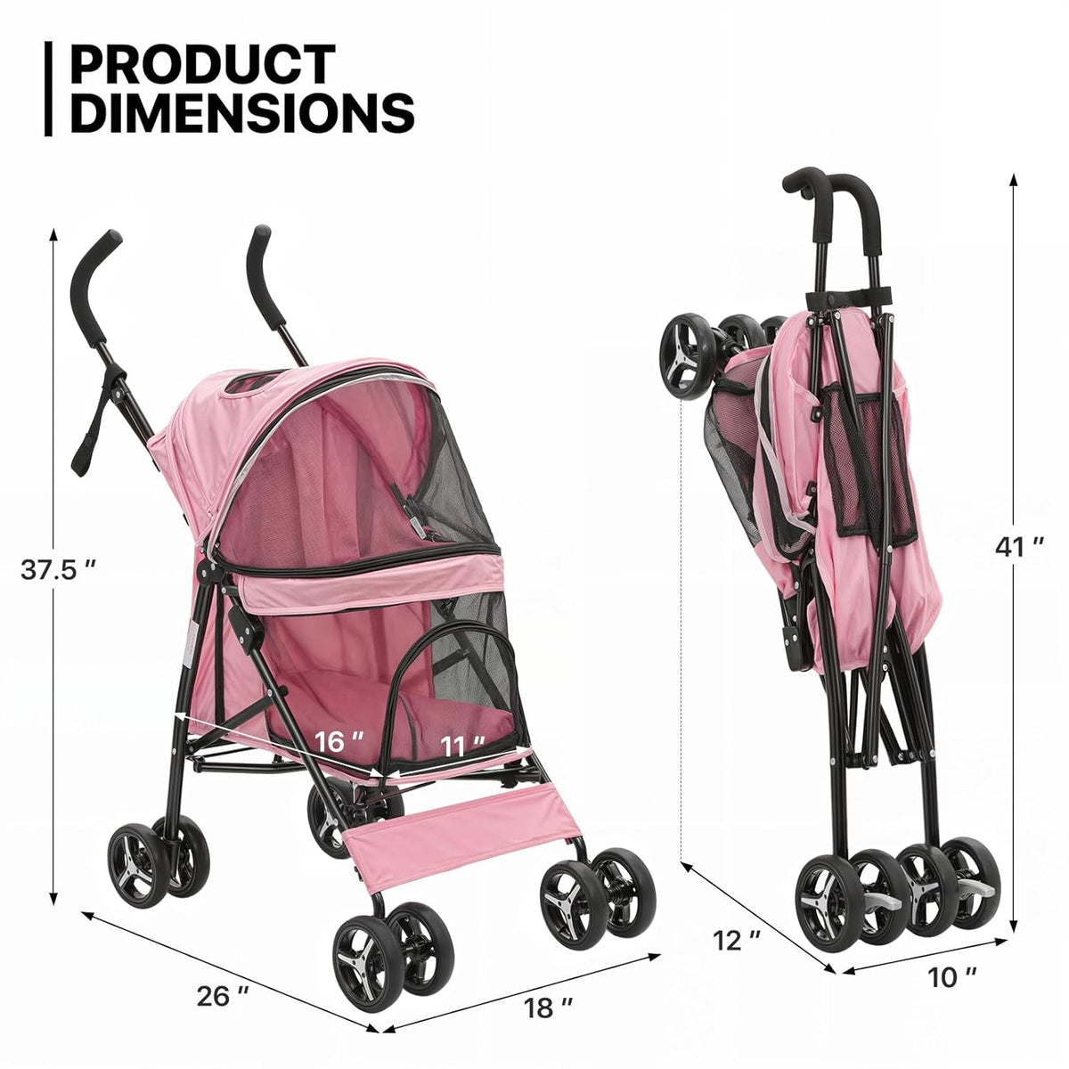 MoNiBloom 4 Wheels Pet Stroller, Easy-Fold Puppy Cage Jogger Stroller with Sun Cover, Pad and Rear