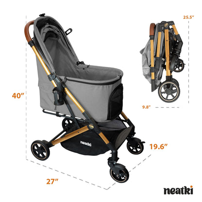 Foldable Pet Stroller for Dogs and Cats, 33 lbs Capacity, 360° Swivel Front Wheels, One-Click Fold