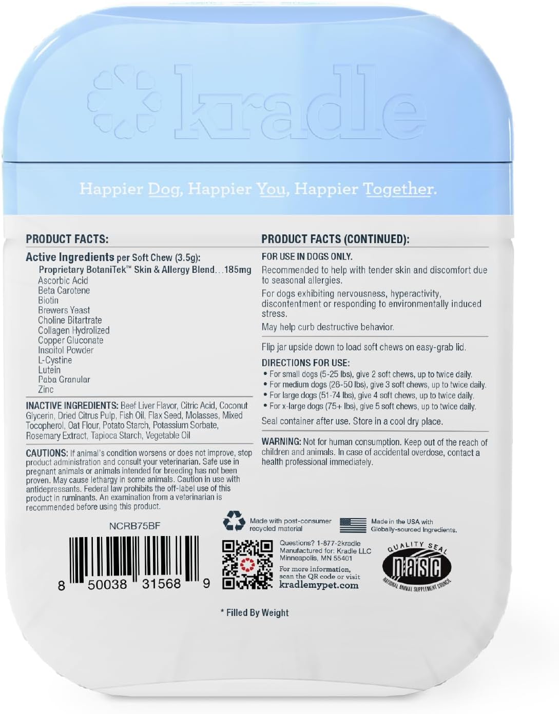 Kradle Skin Recovery Chews for Dogs - Biotin Collagen Zinc - Soothes Environmental Skin Irritation