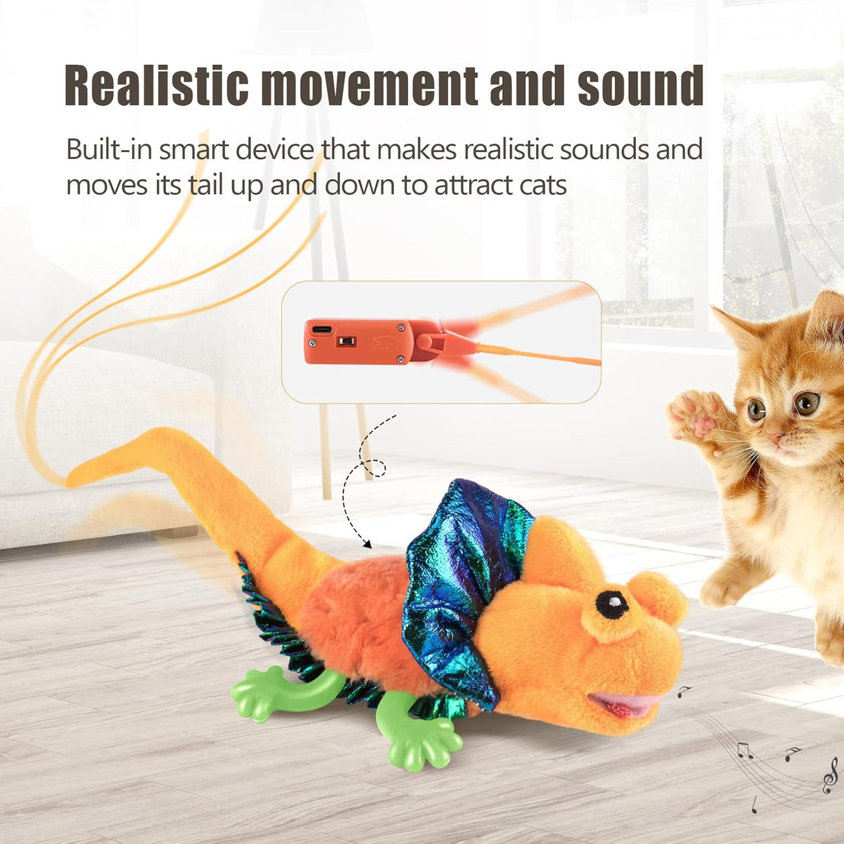 Migipaws Cat Toys, Touch Activated Flapping Chirping Lizard Kitten Toy with Catnip for Indoor Cats