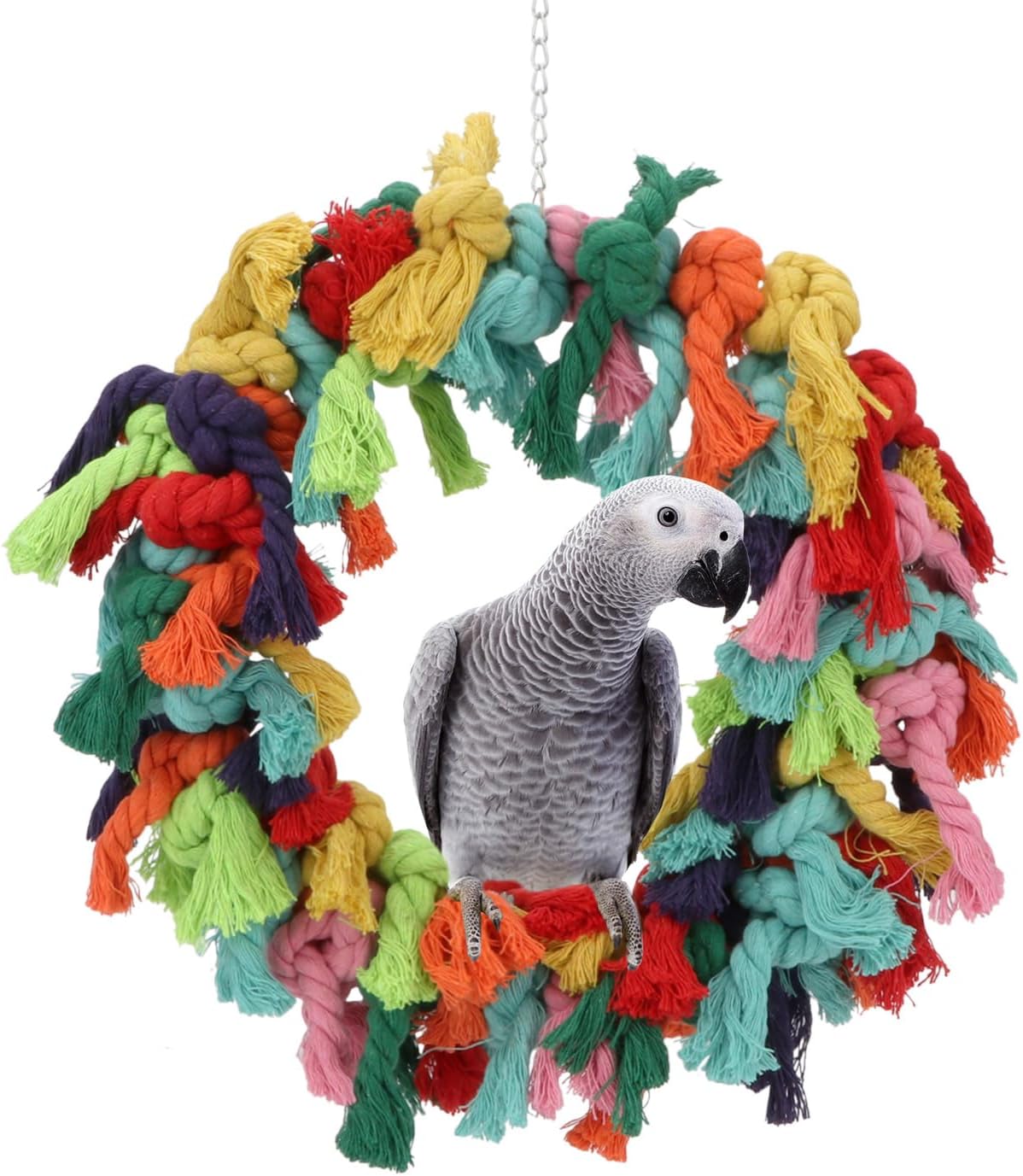 Bird Colorful Cotton Rope Hanging Ring Parrot Preening Grooming Chew Climb Biting Toy for African