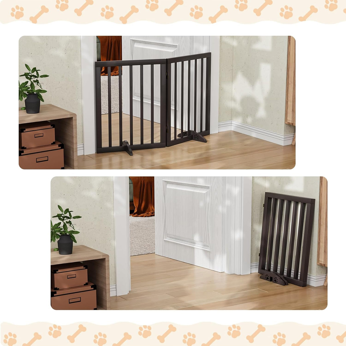 Freestanding Foldable Dog Gate 2 Panel,Fully Assembled Dog Gates for Doorways, Wooden Pet Gates for