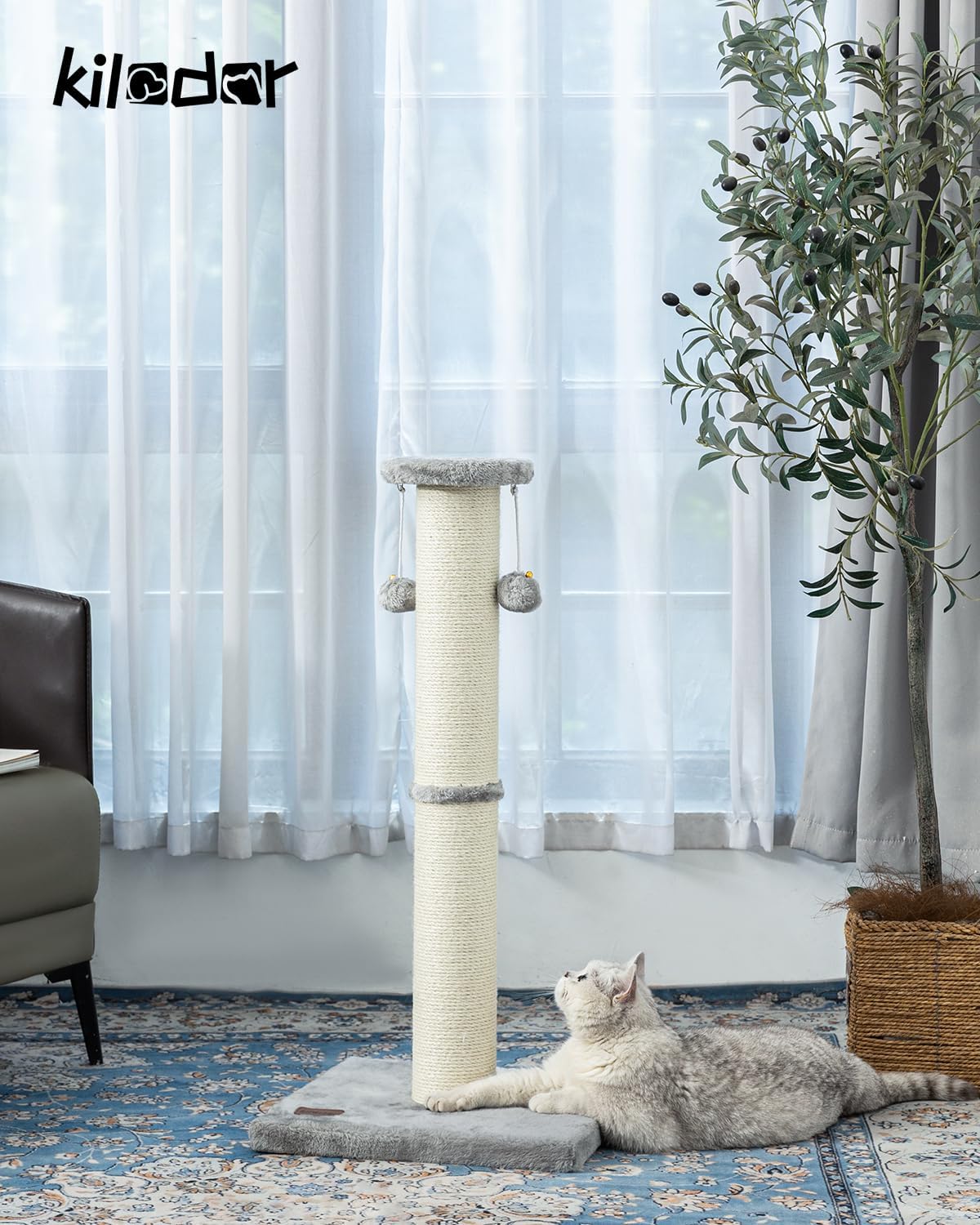 Kilodor 34Inch Tall Cat Scratching Post,4.3Inch Diameter Large Sisal Cat Scratch Post with Ball