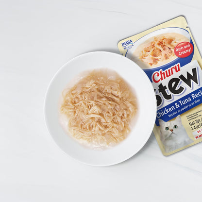 INABA Churu Stew for Cats, Creamy Broth Gelée with Shredded Chicken Topper/Treat Pouch with Vitamin