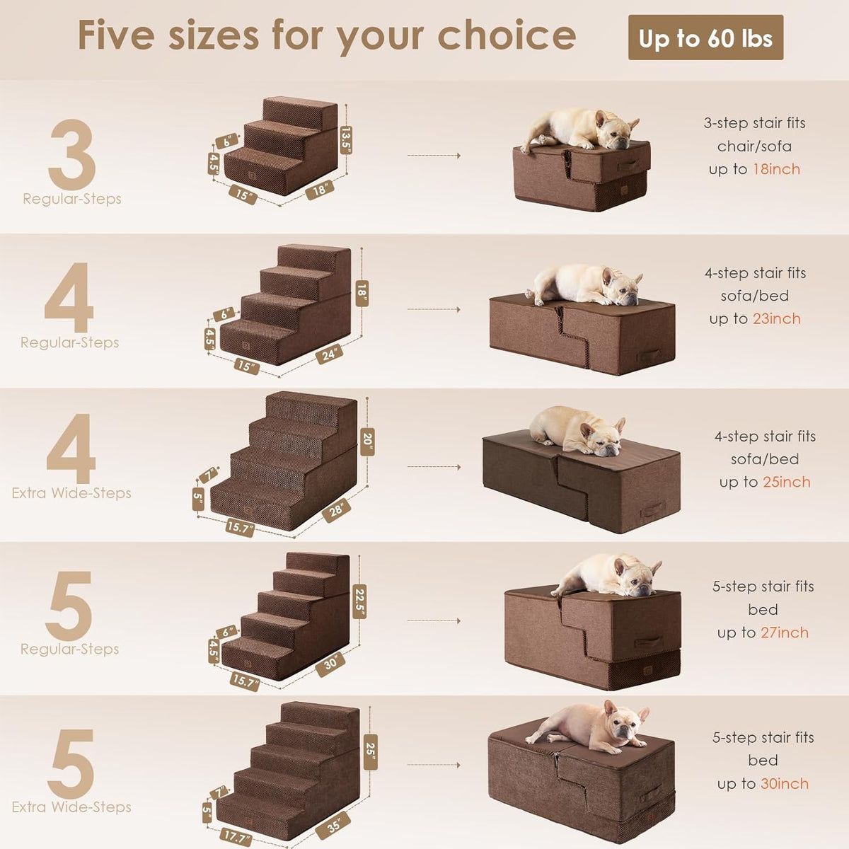EHEYCIGA Dog Stairs for High Bed 25" H, 5-Step Extra Wide Dog Steps for Bed, Pet Steps for Small