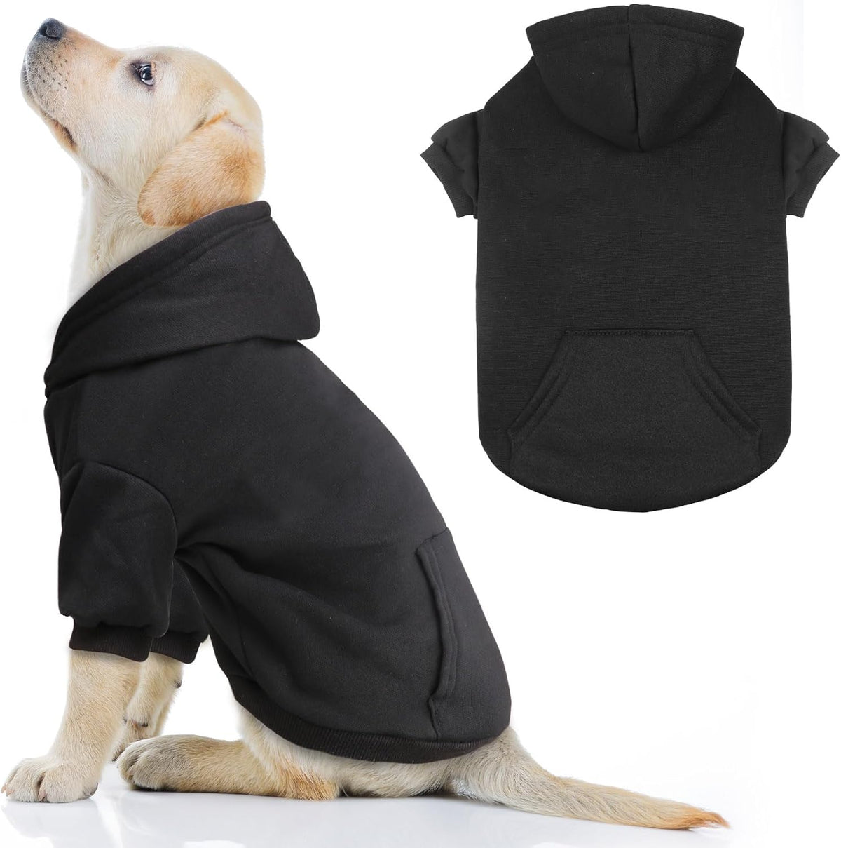 Dog Hoodie Sweater - Soft Solid Brushed Fleece Dog Clothes with Pocket (Black-Large)